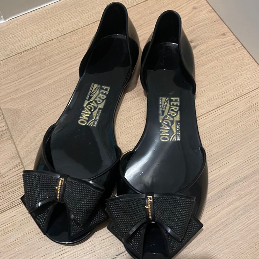 Salvatore Ferragamo Black Patent Bow Flats